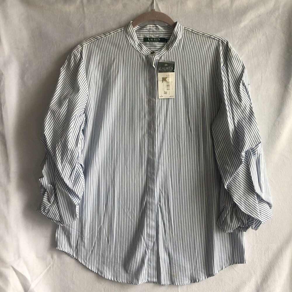 NWT Lauren Ralph Lauren Women's White & Blue Striped Blouse w/ Gathered Sleeves